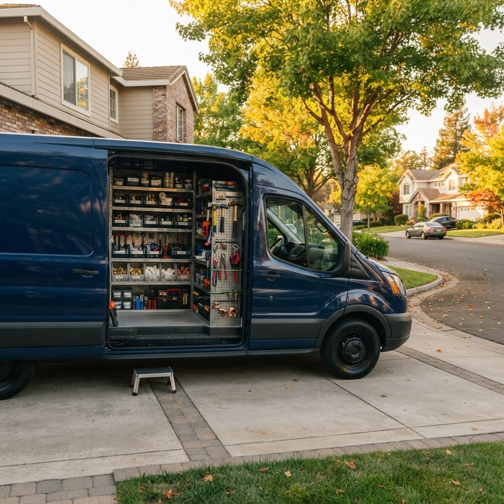 A Harbor service van with its side door open, showing organized shelving of tools and parts